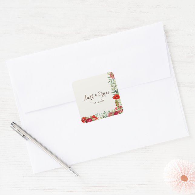 Personalised Botanical Wedding Square Sticker (Envelope)