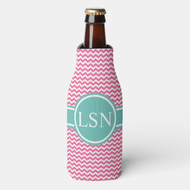 Personalised Bottle Cooler - Pink Zigzag (Bottle Front)