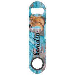 Personalised Bottle Opener Blue Wood Barn Door Boo