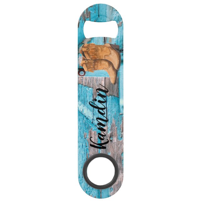 Personalised Bottle Opener Blue Wood Barn Door Boo (Front)