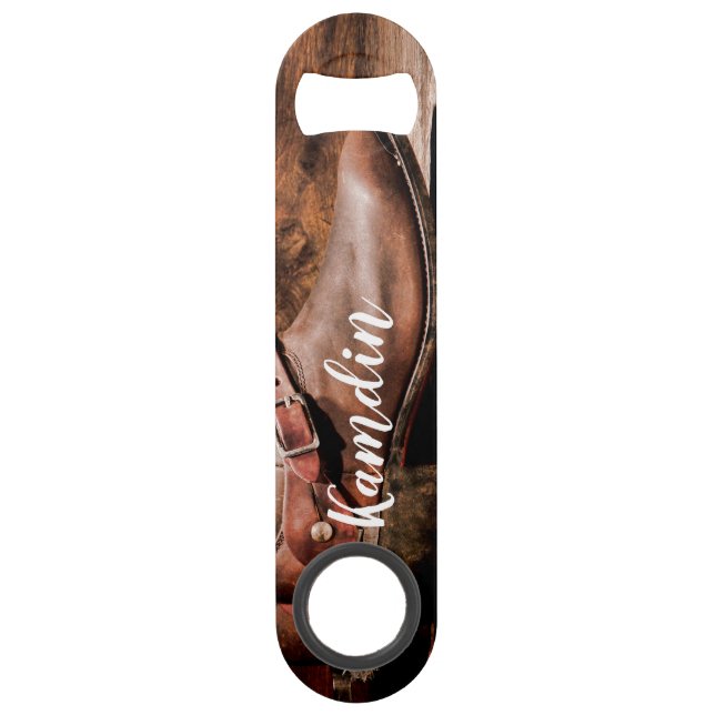 Personalised Bottle Opener Cowboy Boots Barn Wood (Front)