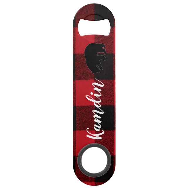 Personalised Bottle Opener Red Buffalo Plaid Bear (Front)