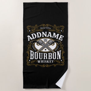 Personalised Bourbon Vintage Guns Whiskey Label Beach Towel