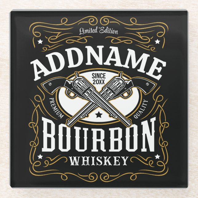 Personalised Bourbon Vintage Guns Whiskey Label Glass Coaster (Front)