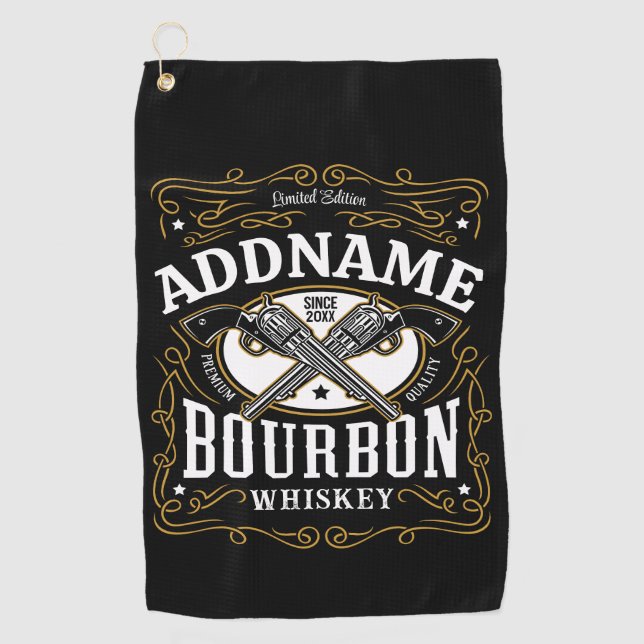 Personalised Bourbon Vintage Guns Whiskey Label Golf Towel (Front)