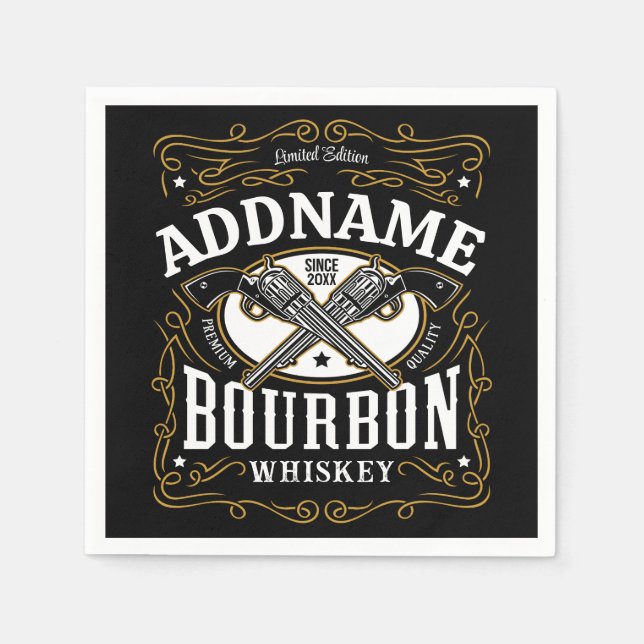 Personalised Bourbon Vintage Guns Whiskey Label Napkin (Front)