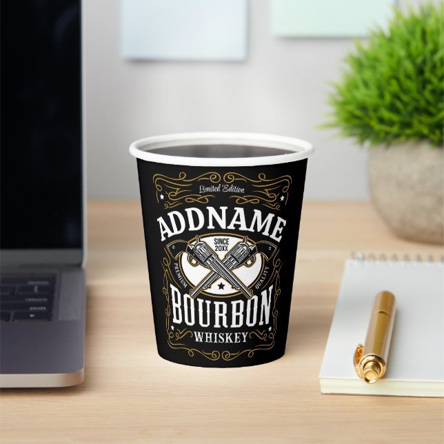 Personalised Bourbon Vintage Guns Whiskey Label Paper Cups (Insitu)