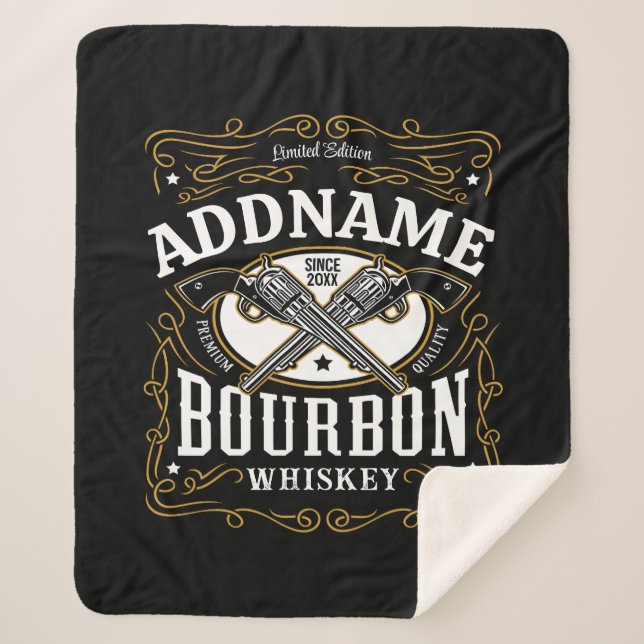 Personalised Bourbon Vintage Guns Whiskey Label Sherpa Blanket (Front)