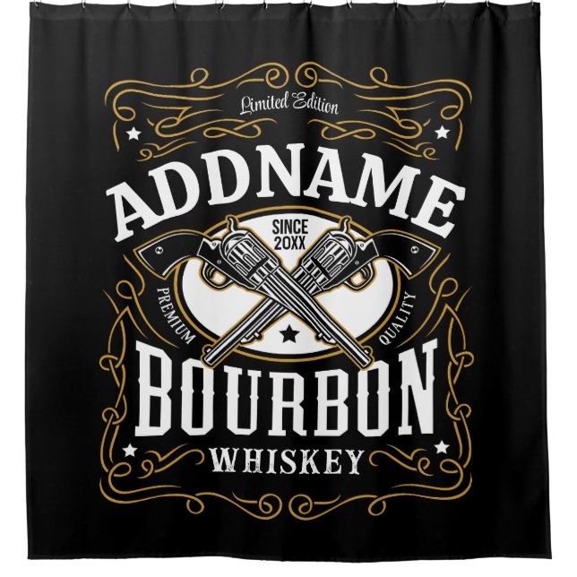 Personalised Bourbon Vintage Guns Whiskey Label Shower Curtain (Front)