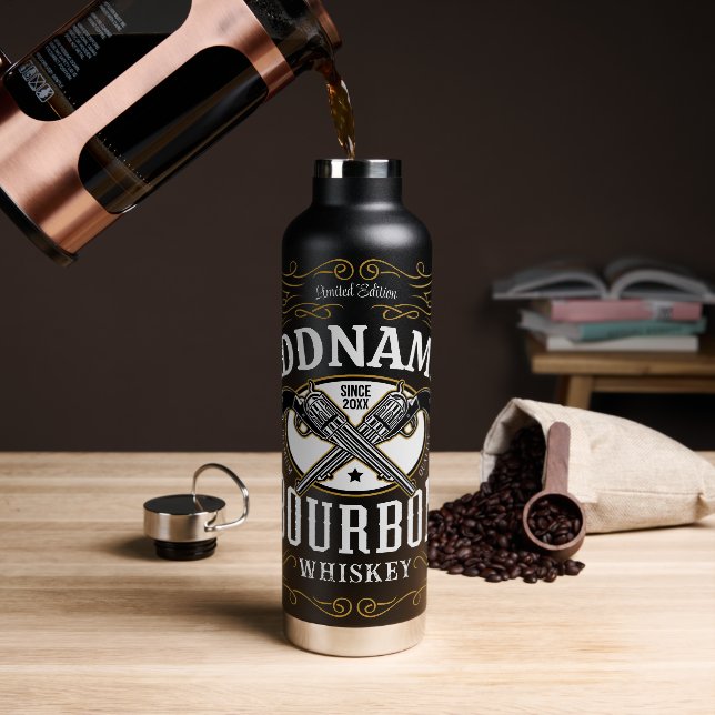 Personalised Bourbon Vintage Guns Whiskey Label Water Bottle (Coffee)
