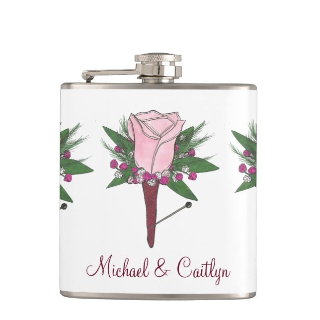 Personalised Boutonniere Pink Rose Wedding Groom Hip Flask (Front)