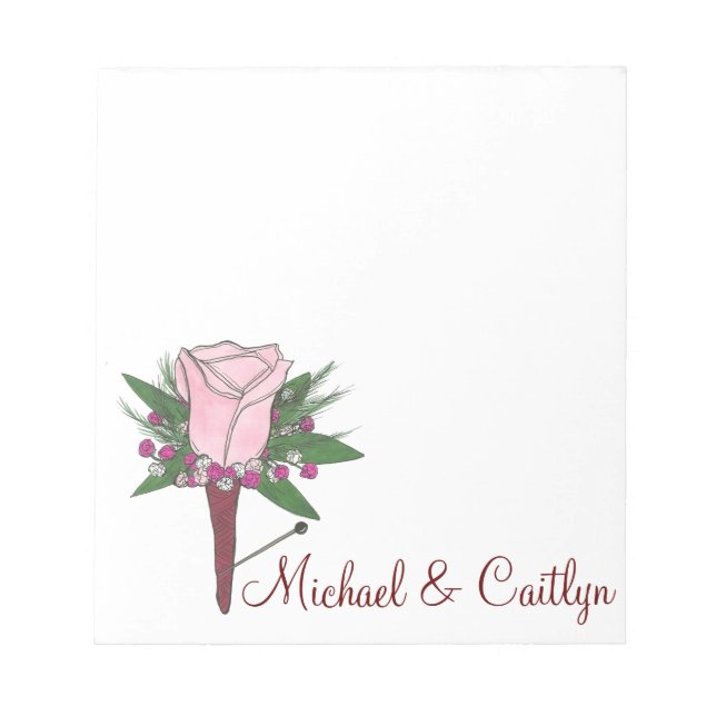 Personalised Boutonniere Pink Rose Wedding Notepad (Front)
