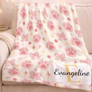 Personalised Bow Aesthetic Pattern Girl Cat Pink Fleece Blanket