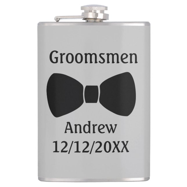Personalised Bow Tie Black Grey Groomsmen gift  Hip Flask (Front)