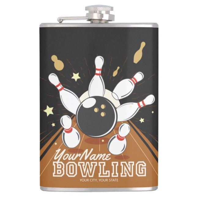 Personalised Bowler Strike Bowling Lanes Ball Pins Hip Flask (Front)