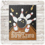 Personalised Bowler Strike Bowling Lanes Ball Pins Jigsaw Puzzle<br><div class="desc">Personalised Bowling Ball Lanes and Pins League Design - Featuring a Bowling Ball,  classic retro Lanes and Pins! - Customise with your Name and Custom Text!</div>