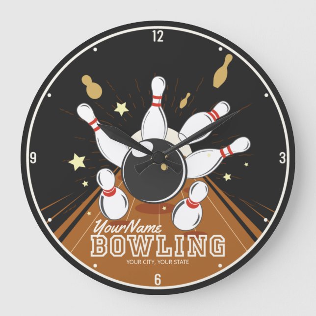 Personalised Bowler Strike Bowling Lanes Ball Pins Large Clock (Front)
