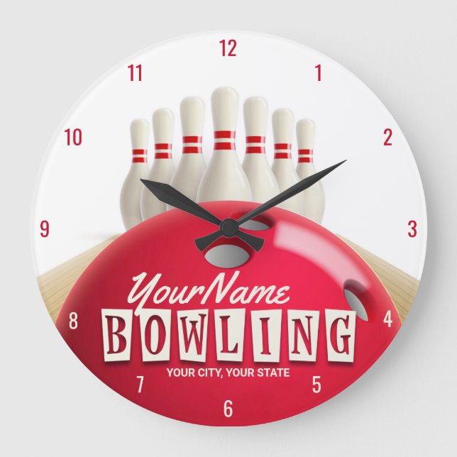 Personalised Bowling Ball Lanes Pins Retro League Large Clock (Front)