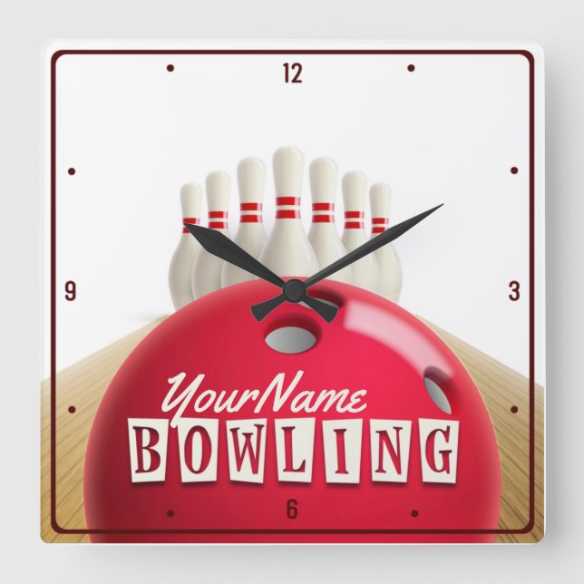 Personalised Bowling Ball Lanes Pins Retro League Square Wall Clock (Front)