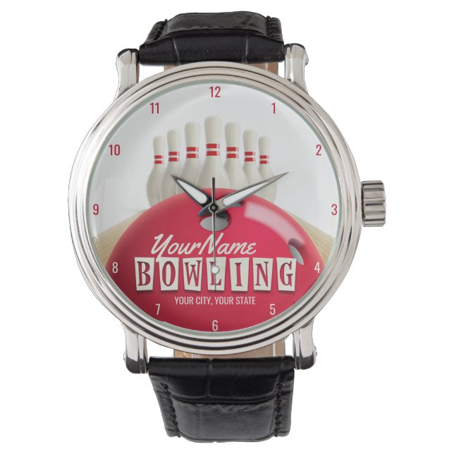 Personalised Bowling Ball Lanes Pins Retro League Watch (Front)