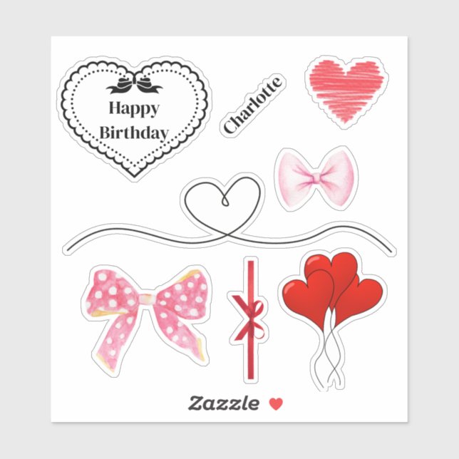 Personalised Bows and Hearts Birthday Stickers (Sheet)