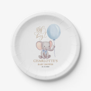 Personalised Boy Blue Balloon Elephant Baby Shower Paper Plate