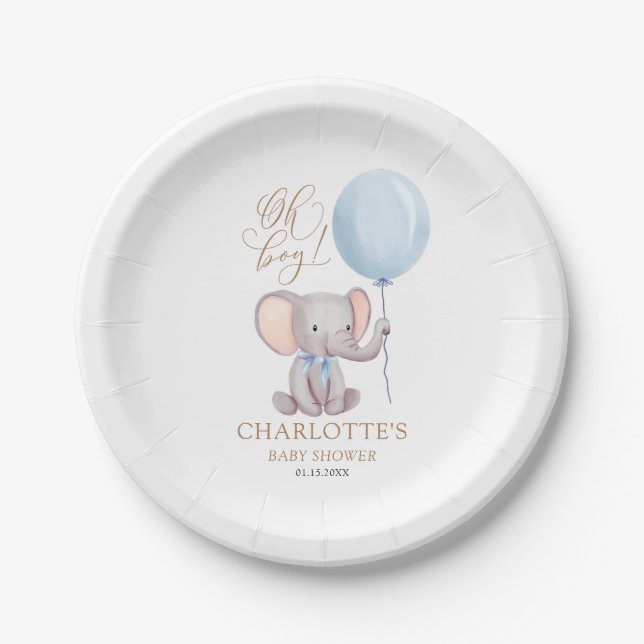 Personalised Boy Blue Balloon Elephant Baby Shower Paper Plate (Front)