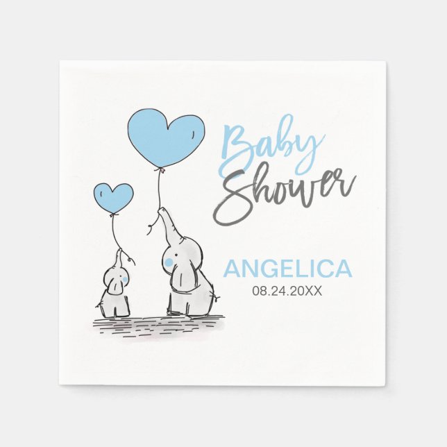 Personalised BOY Blue Elephant Mum & Baby Shower Napkin (Front)