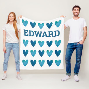 Personalised Boy Blue Hearts Valentines Day  Fleece Blanket