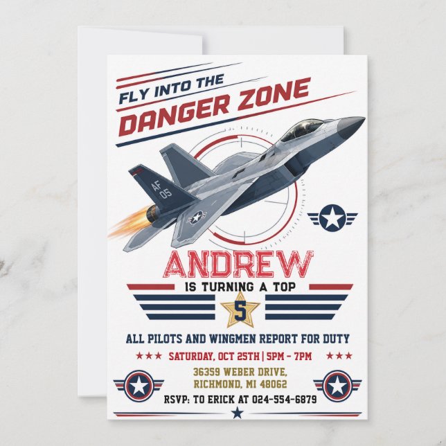 Personalised boy Fighter Pilot Birthday Invitation (Front)