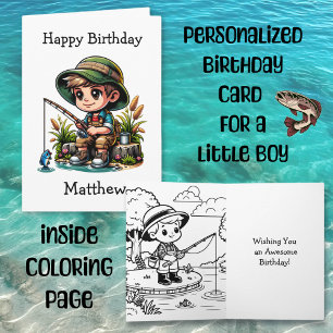 Personalised Boy Fishing Colouring Page Birthday Card