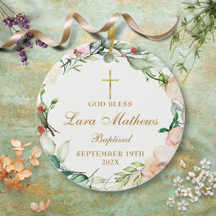 Personalised Boy Girl Baptism Roses Floral Ceramic Tree Decoration