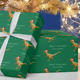 Personalised Boy Name Christmas Dinosaur Raptor Wrapping Paper