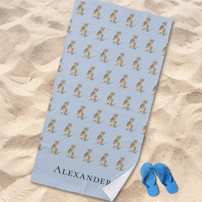 Personalised Boy Name Dinosaur Blue Beach Towel (Personalised boy name dinosaur blue beach towel kids Jurassic T-Rex dino pattern with monogram name )