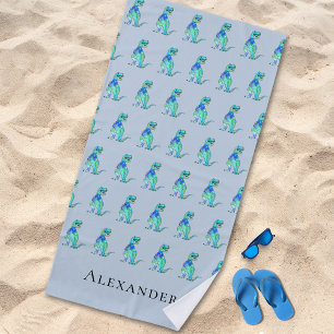 Personalised Boy Name Dinosaur Blue Beach Towel