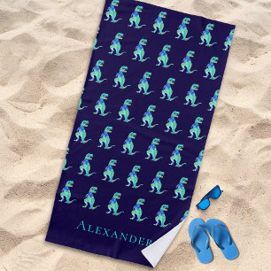 Personalised Boy Name Dinosaur Blue Beach Towel