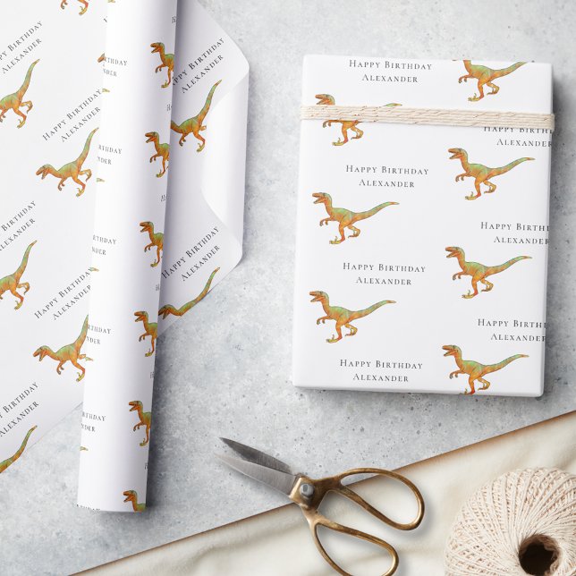 Personalised Boy Name Happy Birthday Dinosaur Wrapping Paper (Personalized boy name Dinosaur velociraptor happy birthday gift wrapping paper Jurassic dino raptor)