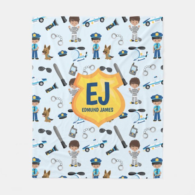 Personalised Boy Police Badge Name Fleece Blanket (Front)