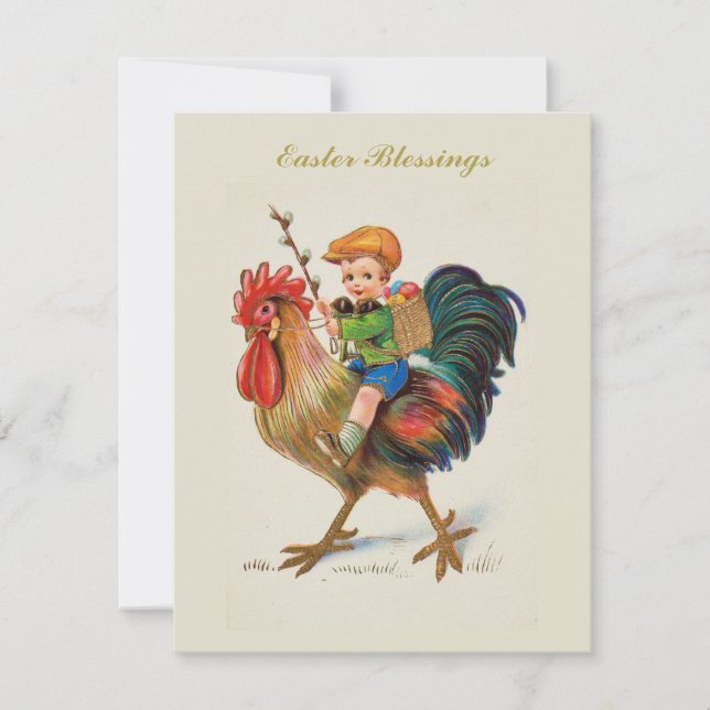 Personalised Boy Riding Rooster Easter Egg Hunt Holiday Card (Front)