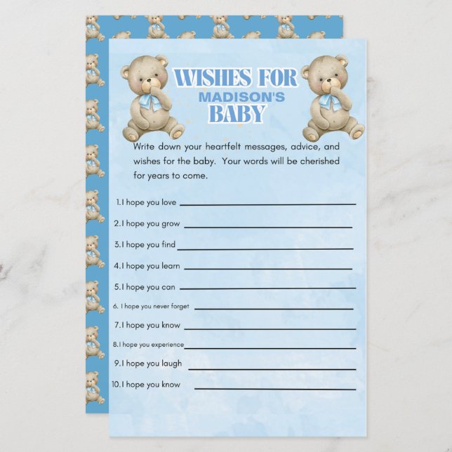  Personalised Boys Bear Baby Shower Game (Front/Back)