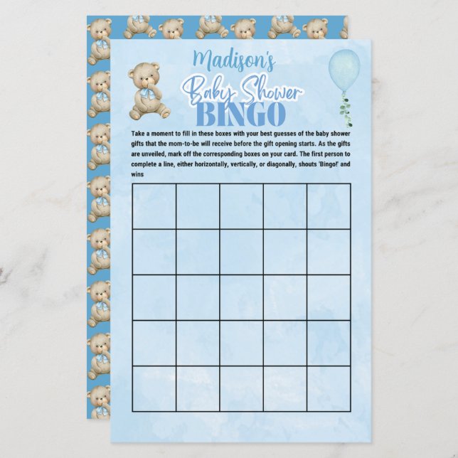  Personalised Boys Bear  Bingo Baby Shower Game (Front/Back)