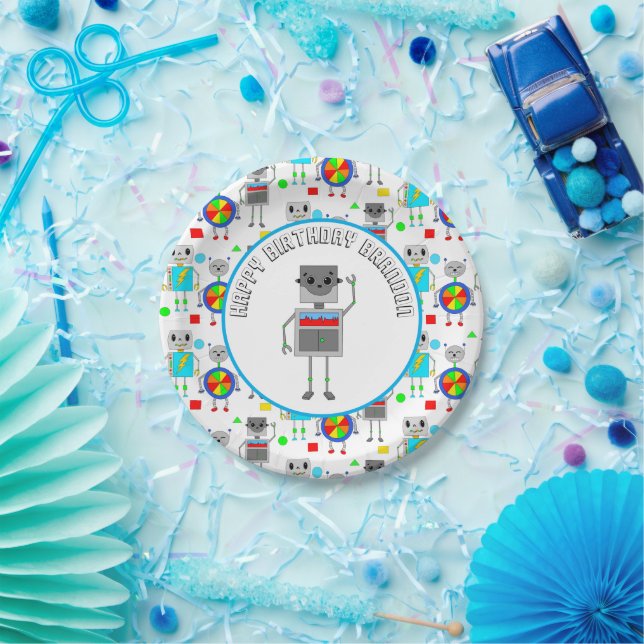 Personalised Boy's Birthday Robot  Paper Plate (Party)