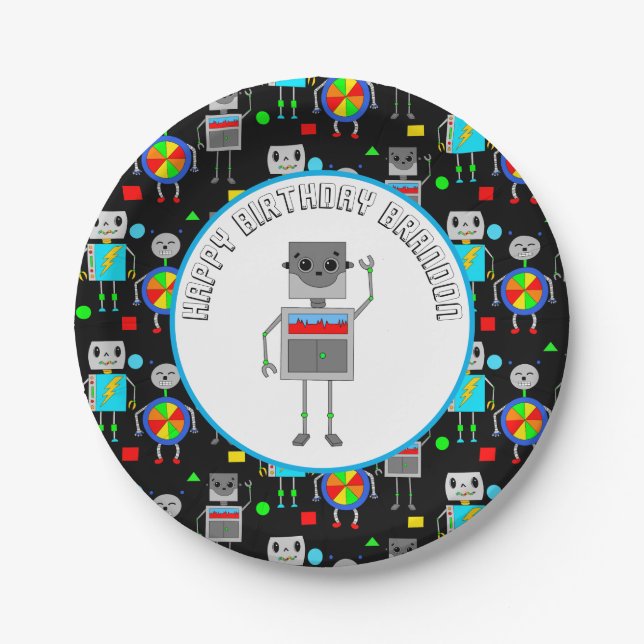Personalised Boy's Birthday Robot  Paper Plate (Front)