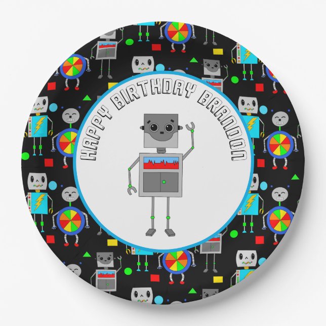 Personalised Boy's Birthday Robot  Paper Plate (Front)