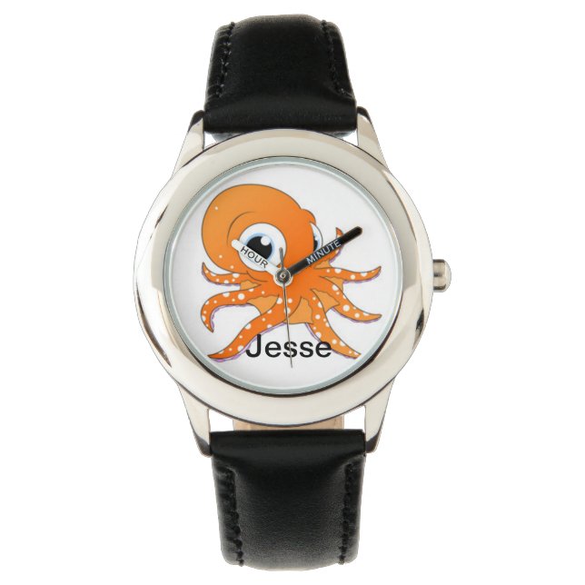 Personalised Boy's Black Divers Octopus Name Watch (Front)