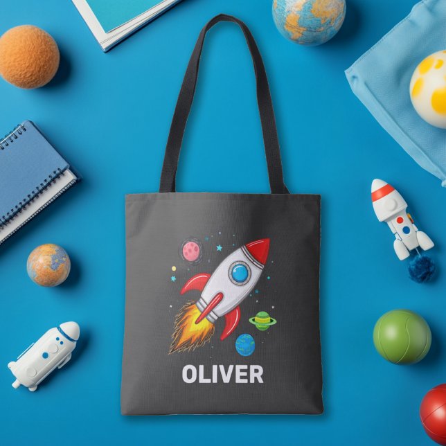 Personalised Boys Cute Rocket Ship Planets  Tote Bag (Creator Uploaded)