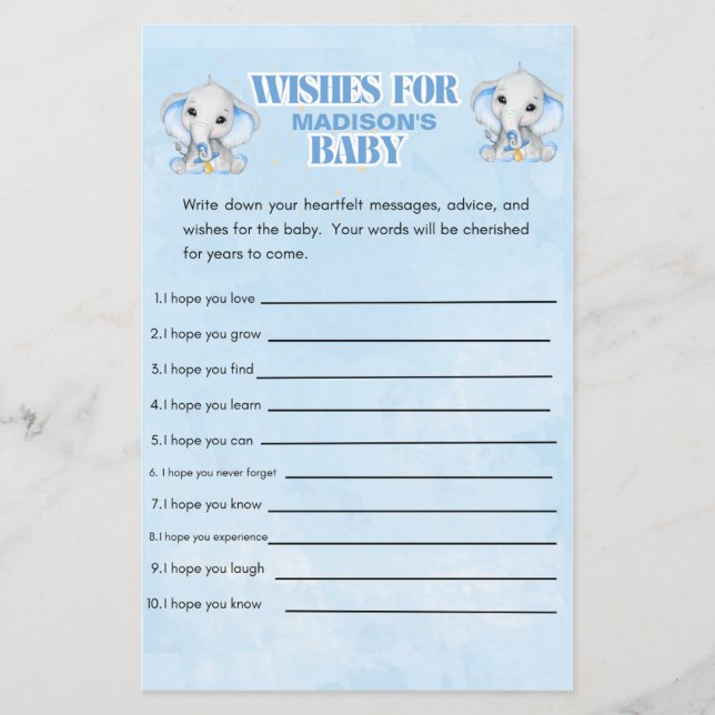  Personalised Boys Elephant  Baby Shower Game (Front)