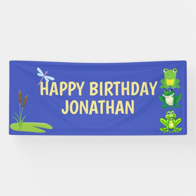 Personalised Boys Frog Birthday Blue Yellow Banner (Horizontal)