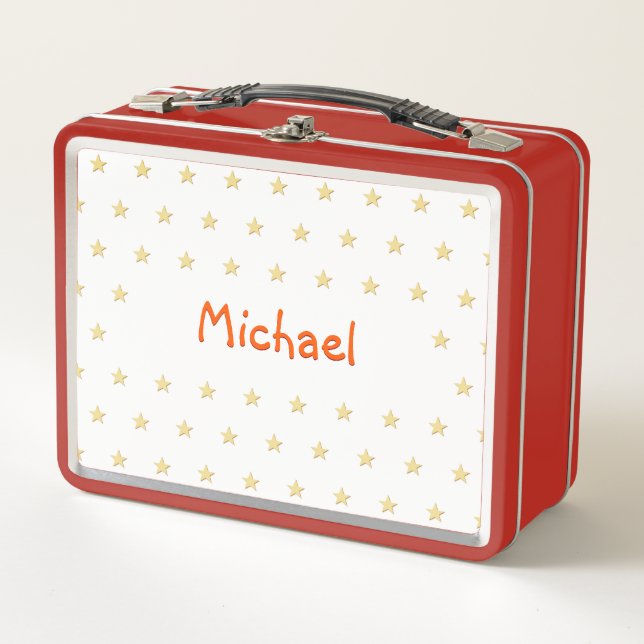 Personalised Boys Kids Name Gold Stars Red School Metal Lunch Box (Front)