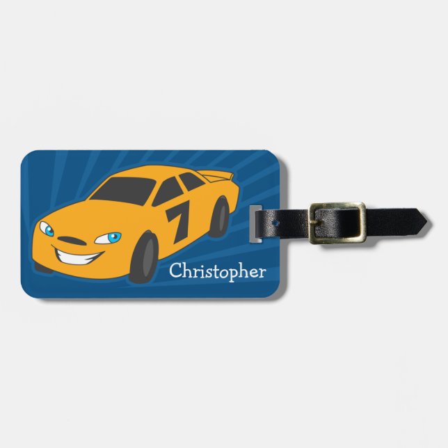 Personalised Boys Luggage Tag - Yellow Racer (Front Horizontal)